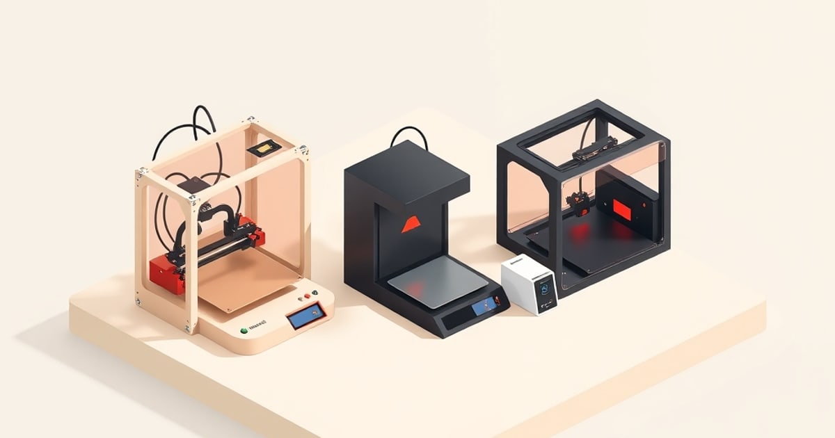 Three distinct 3D printer models representing different brands in a comparison lineup